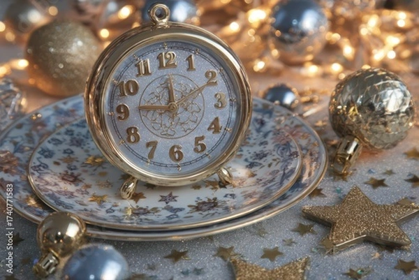 Fototapeta A festive clock on a plate with a Christmas tree in the background, showing five minutes to midnight. The clock has golden details, adding to the holiday spirit.