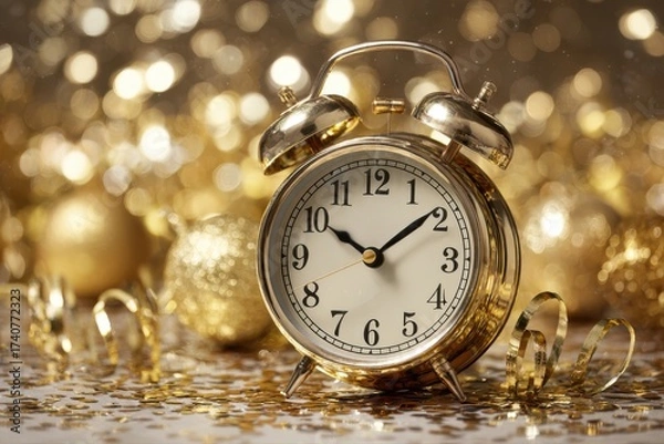 Fototapeta A festive clock with golden details sitting on top of a table, showing five minutes to midnight