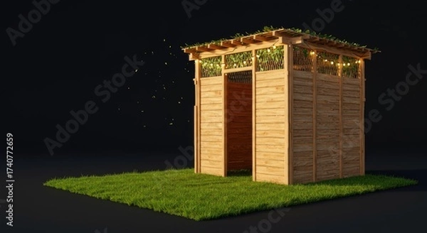 Fototapeta Charming wooden gazebo nestled on a lush lawn with ambient string lights illuminating the scene