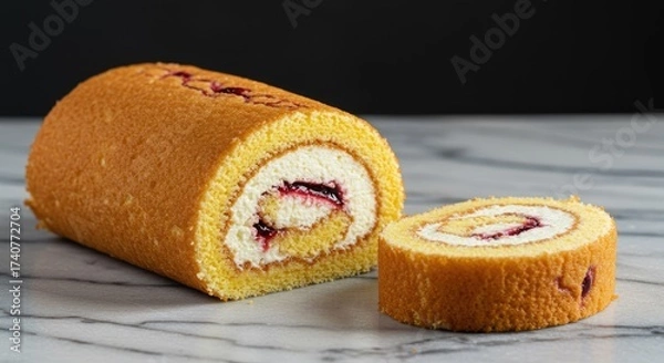 Fototapeta Delicious swiss roll cake filled with cream and berry jam served on marble counter featuring the