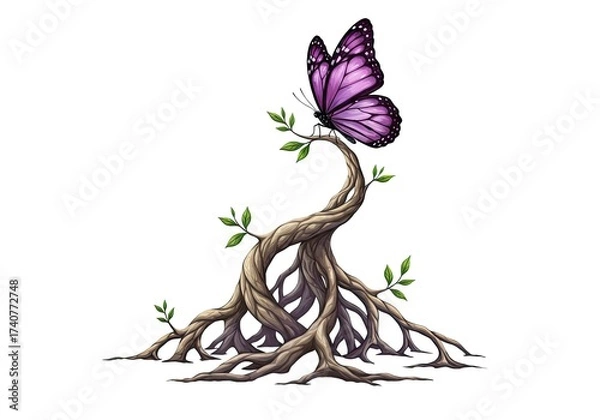 Fototapeta Digital illustration of a vibrant purple butterfly perched atop a twisted tree branch art