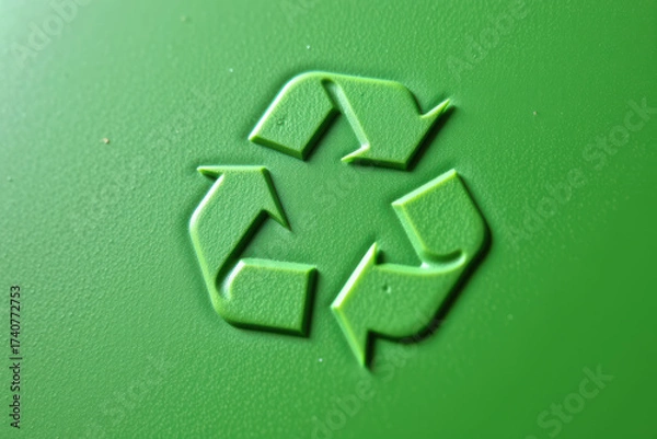 Obraz Close-up of recycling symbol embossed on green plastic surface, eco-friendly sustainability and environmental awareness.