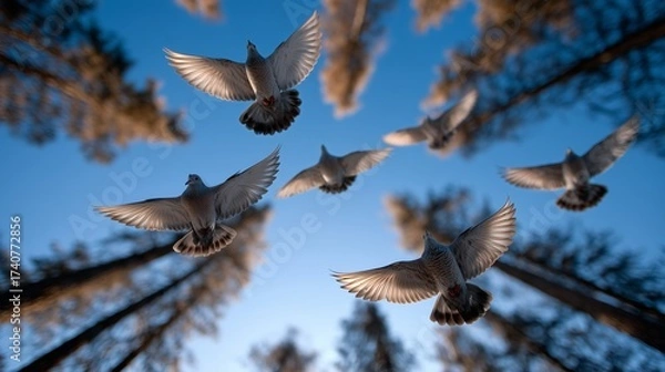 Fototapeta A flock of birds flying through the air with their wings spread