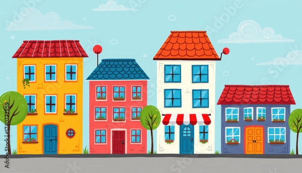Obraz Four colorful urban buildings with trees and bright windows in cheerful neighborhood