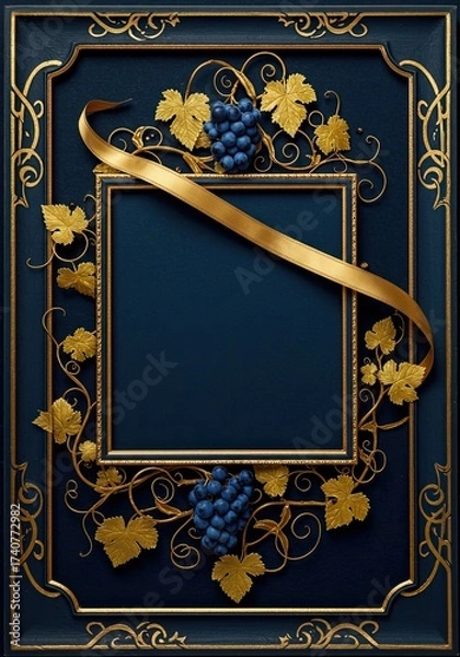 Fototapeta Elegant gold frame with grapes and ribbon on dark blue background for invitations announcements