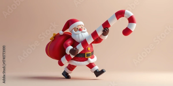 Obraz Low poly Santa candy cane red suit white beard Christmas cheerful 3D render holiday