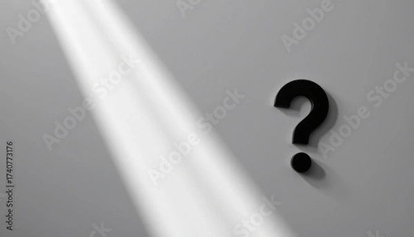 Obraz Question mark curiosity concept minimalist design, black symbol on gray wall with dramatic light beam, mystery and inquiry mood