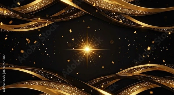 Fototapeta Elegant golden ribbon design with shimmering light accents and black background