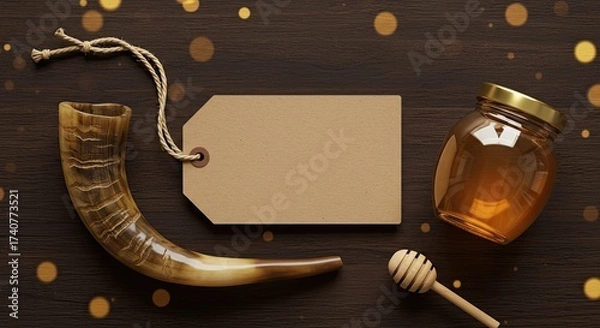 Fototapeta Elegant rosh hashanah composition with shofar honey jar and blank tag on wooden background