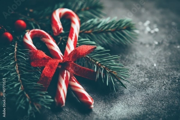 Fototapeta A festive candy cane with a red bow tied on top of a beautifully decorated Christmas tree, creating a whimsical holiday scene.