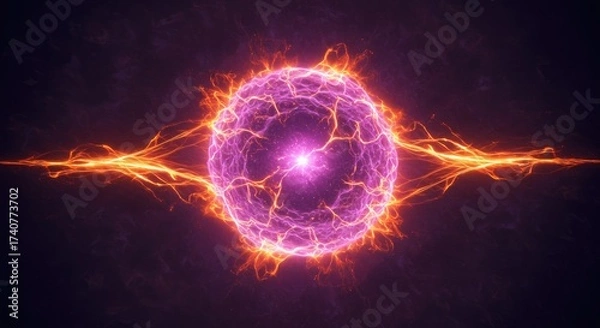 Fototapeta Energetic Plasma Ball with Electrical Discharges and Glowing Center Core on Dark Backdrop