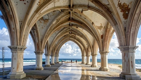 Fototapeta Coastal Architecture: Arched Walkway with Ocean View Under Cloudy Sky