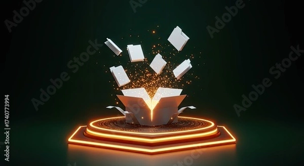 Fototapeta Magical data delivery: files emerge from an illuminated box on a glowing stage