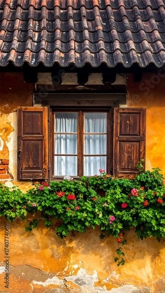 Obraz Charming Window with Shutters and Flower Box in a European Town.