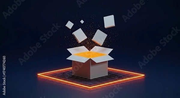 Fototapeta Mysterious box emanating light with floating cubes on glowing neon grid surface