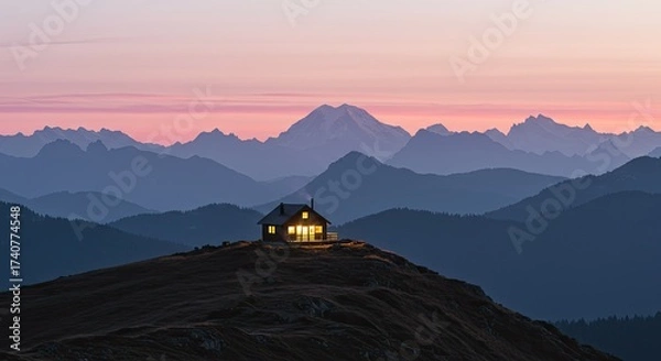 Fototapeta Remote mountain cabin glowing at dusk nestled among layered peaks and colorful sky