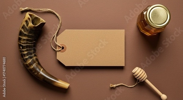 Fototapeta Rosh Hashanah traditional symbols with shofar, honey jar, dipper and tag on brown backdrop