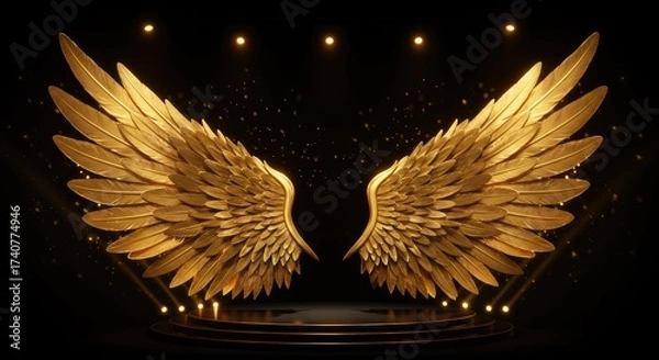 Fototapeta Spectacular golden angel wings display against a backdrop of sparkling lights and radiance