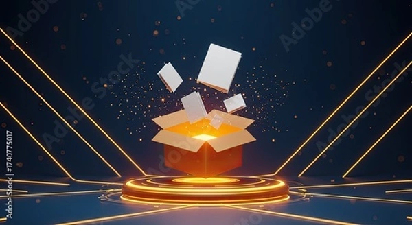 Fototapeta Unveiling the future with an open box emitting light and floating books revealing innovation