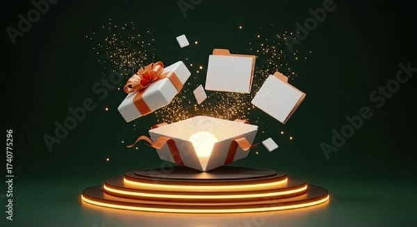 Fototapeta A captivating 3D render of an open gift box illuminating the digital age with file folders