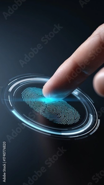 Obraz close-up of hand tapping biometric fingerprint scanner, cybersecurity concept, dark minimal background, copyspace