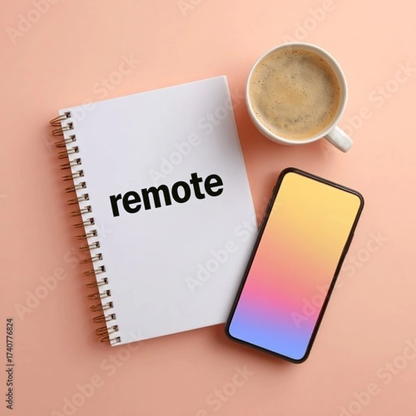 Obraz flat lay of desk stationery and tablet with analytics HUD overlay, minimal pastel surface, copyspace