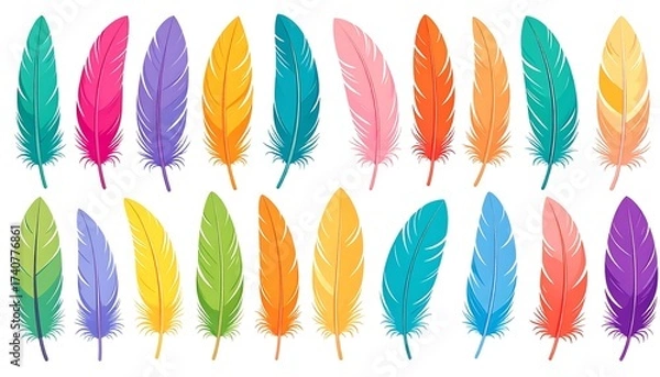 Fototapeta Collection of Colorful Decorative Feather Illustrations Isolated on White Background