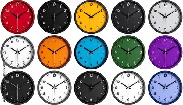 Fototapeta Collection of Colorful Wall Clocks with Different Time Displays and Faces