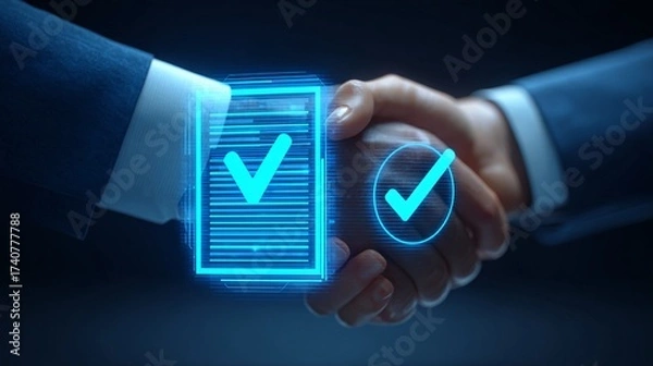 Obraz business handshake with translucent contract overlay and approval check icon, corporate agreement, copyspace