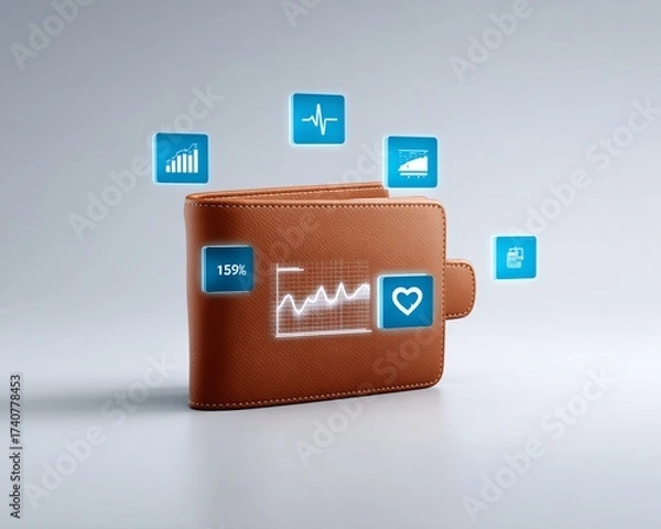 Obraz conceptual image of inflation: wallet with holographic price tag icons, minimal financial stock look, copyspace