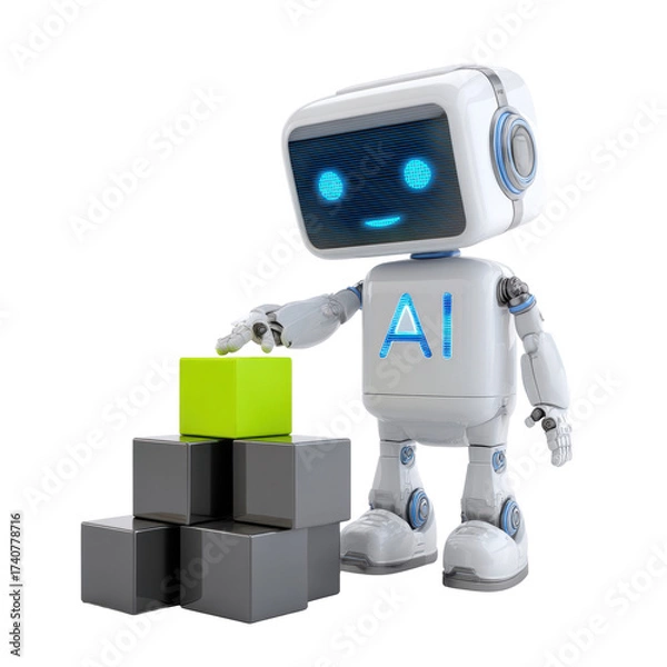 Obraz Friendly AI Robot Arranging Bright Green Block on Gray Cubes