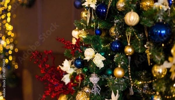 Fototapeta Close-up tree with lights and ornaments, glow glow