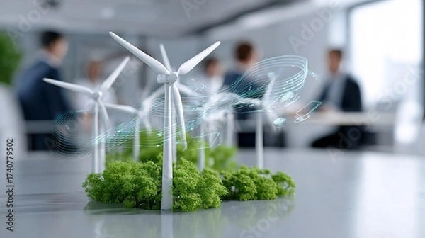 Obraz executive reviewing sustainability report with renewable energy icons hovering, modern boardroom, copyspace