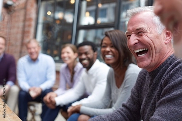Obraz portrait of multicultural team laughing outdoors, natural light, copyspace for marketing text