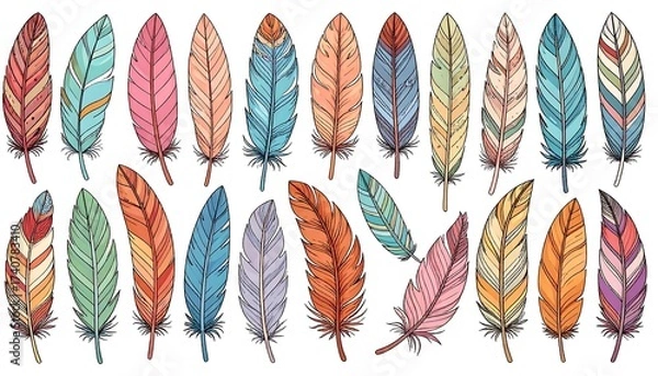 Fototapeta Colorful Hand-Drawn Feather Illustrations in Various Shades and Styles