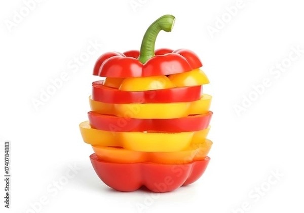 Fototapeta Vibrant stack of sliced red and yellow bell peppers on white background