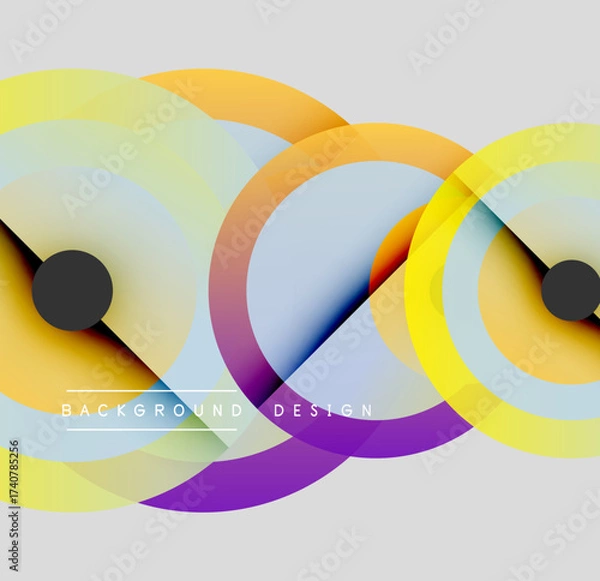 Fototapeta Abstract circles overlap, creating vibrant gradients. Modern design features smooth transitions, bold colors, simple shapes. Background is light gray.