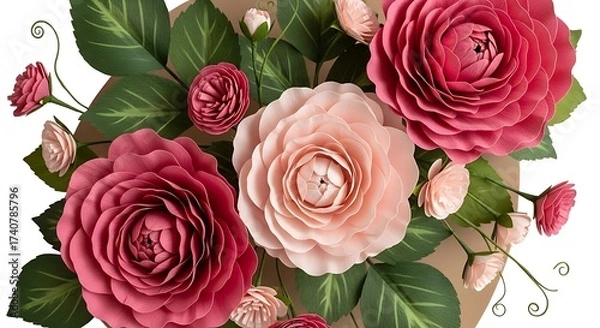 Fototapeta Closeup of lush pink and red roses with green leaves and buds