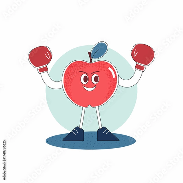 Obraz Happy Red Apple Cartoon Character Wearing Boxing Gloves