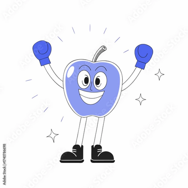 Obraz Smiling Blue Apple Cartoon Character with Boxing Gloves and Sparkles