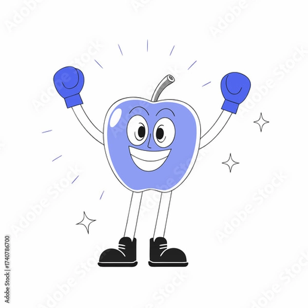 Obraz Smiling Blue Apple Cartoon Character with Boxing Gloves and Sparkles