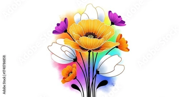 Fototapeta A colorful bouquet of stylized flowers with a watercolor effect