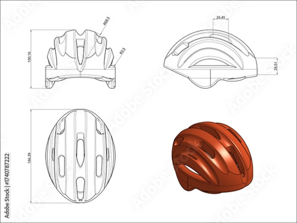 Fototapeta Orthographic projections of a bicycle helmet detail its safety features and ergonomic shape for cyclists