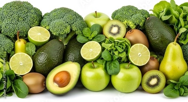 Fototapeta A vibrant assortment of fresh green fruits and vegetables isolated on white background