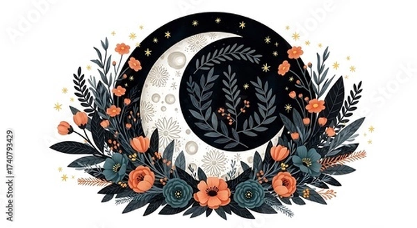 Fototapeta Whimsical crescent moon surrounded by floral and foliage elements, isolated on white background