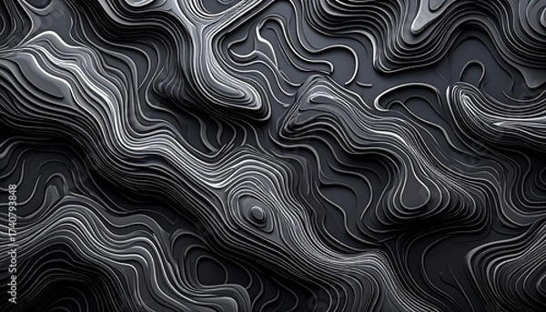 Obraz Abstract Topographic Landscape with Dark Gray and Silver Lines.