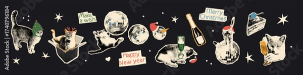 Fototapeta Christmas and New year halftone collage paper cut outs set. Funny stickers with vintage dot texture and doodles, cats with Santa hats, champagne, disco ball. Modern retro vector illustration