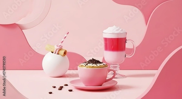 Fototapeta Pink coffee cup with latte art and a layered pink drink with whipped cream