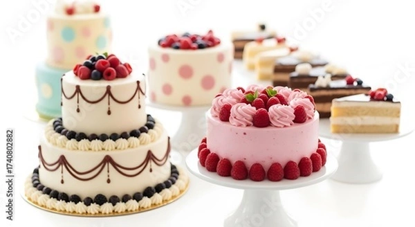 Fototapeta Assortment of decorative cakes and cake slices, isolated on white background