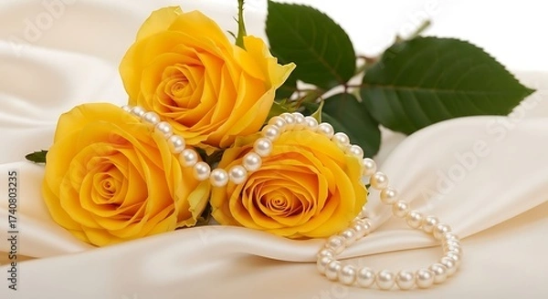 Fototapeta Three delicate yellow roses with a pearl necklace, isolated on white background